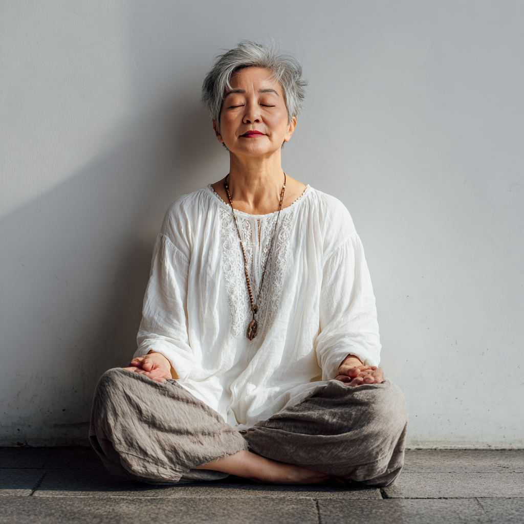 Группа улыбающихся пожилых европейских людей разного пола выполняет мягкие йогические позы в просторной студии с естественным освещением